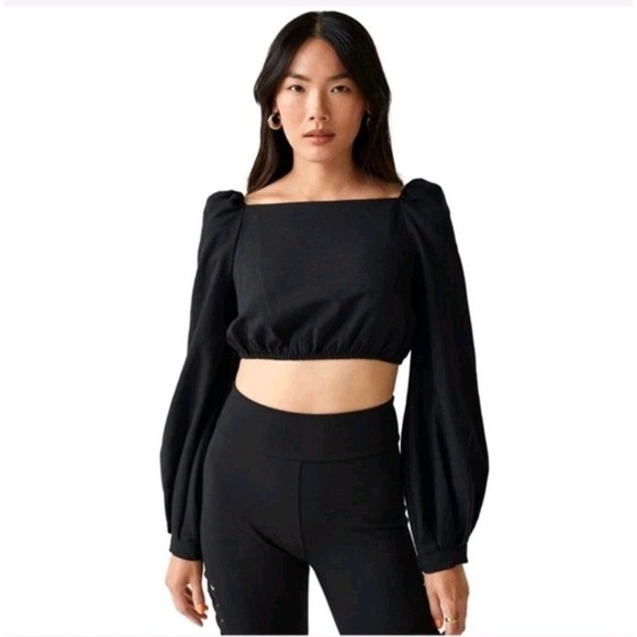& Other Stories Tops - & Other Stories Black Linen Blend Balloon Sleeve Feminine Crop Top Size XS